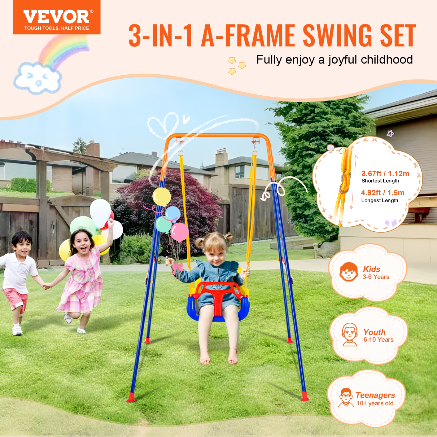 VEVOR 3-in-1 Toddler Swing Set with 4 Sandbags, Swing Sets for Backyard, Foldable Metal Stand, Swingset Indoor/Outdoor for Kids 3-6 Years, Youth 6-10