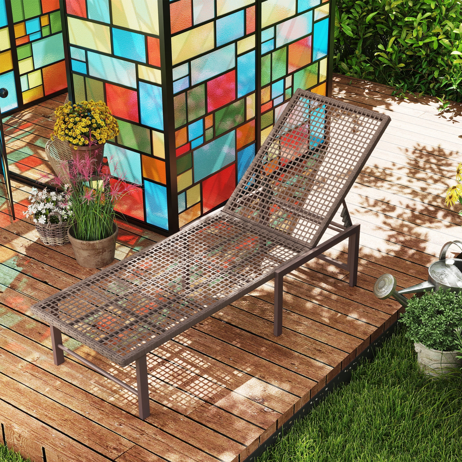 Outsunny Wicker Chaise Lounge Chair Outdoor Patio Lounger with 5 Adjustable Backrest, Rattan Reclining Sun Tanning Chair with Steel Frame for Garden