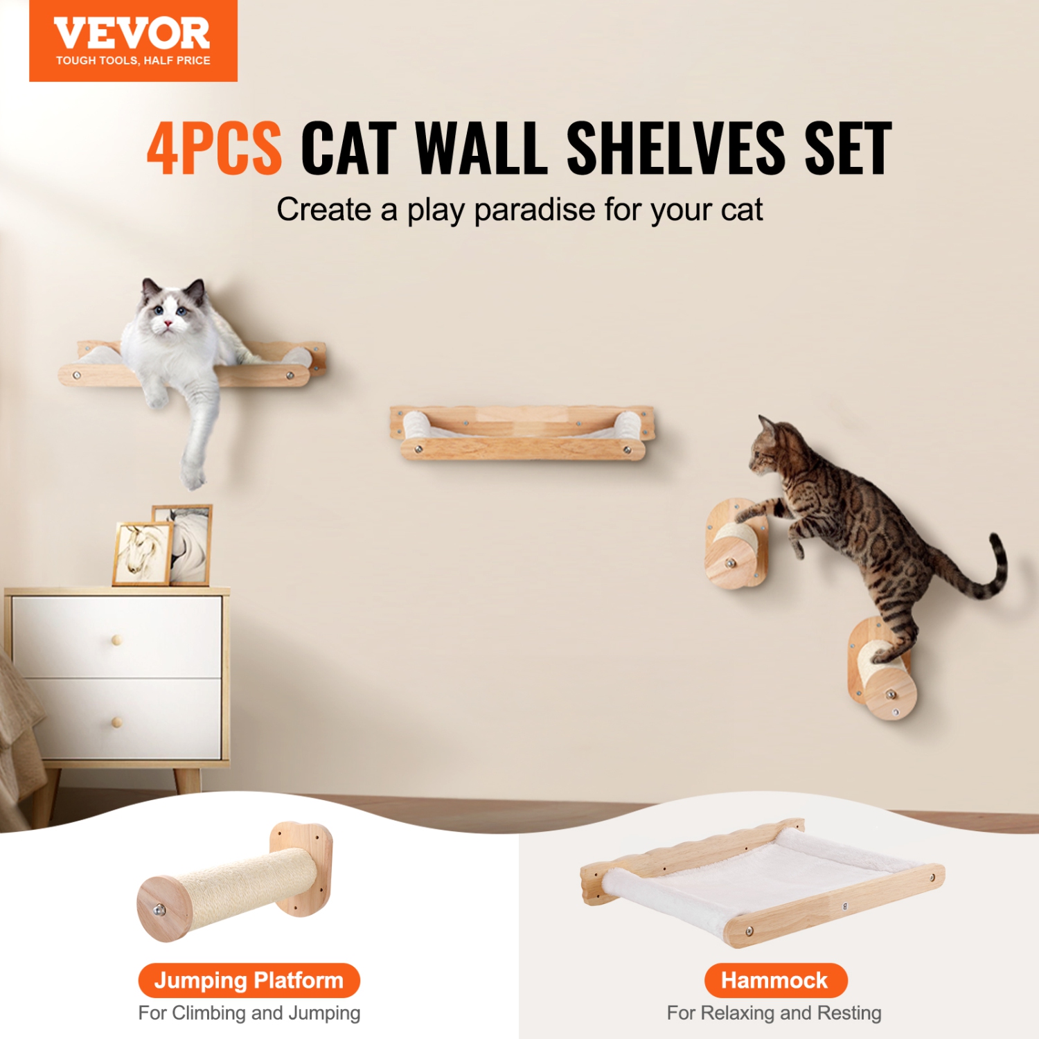 VEVOR Wall Mounted Cat Shelves, Cat Wall Shelves and Perches with Jumping Posts & Hammocks, Cat Furniture Set up to 40 lbs, Removable & Washable