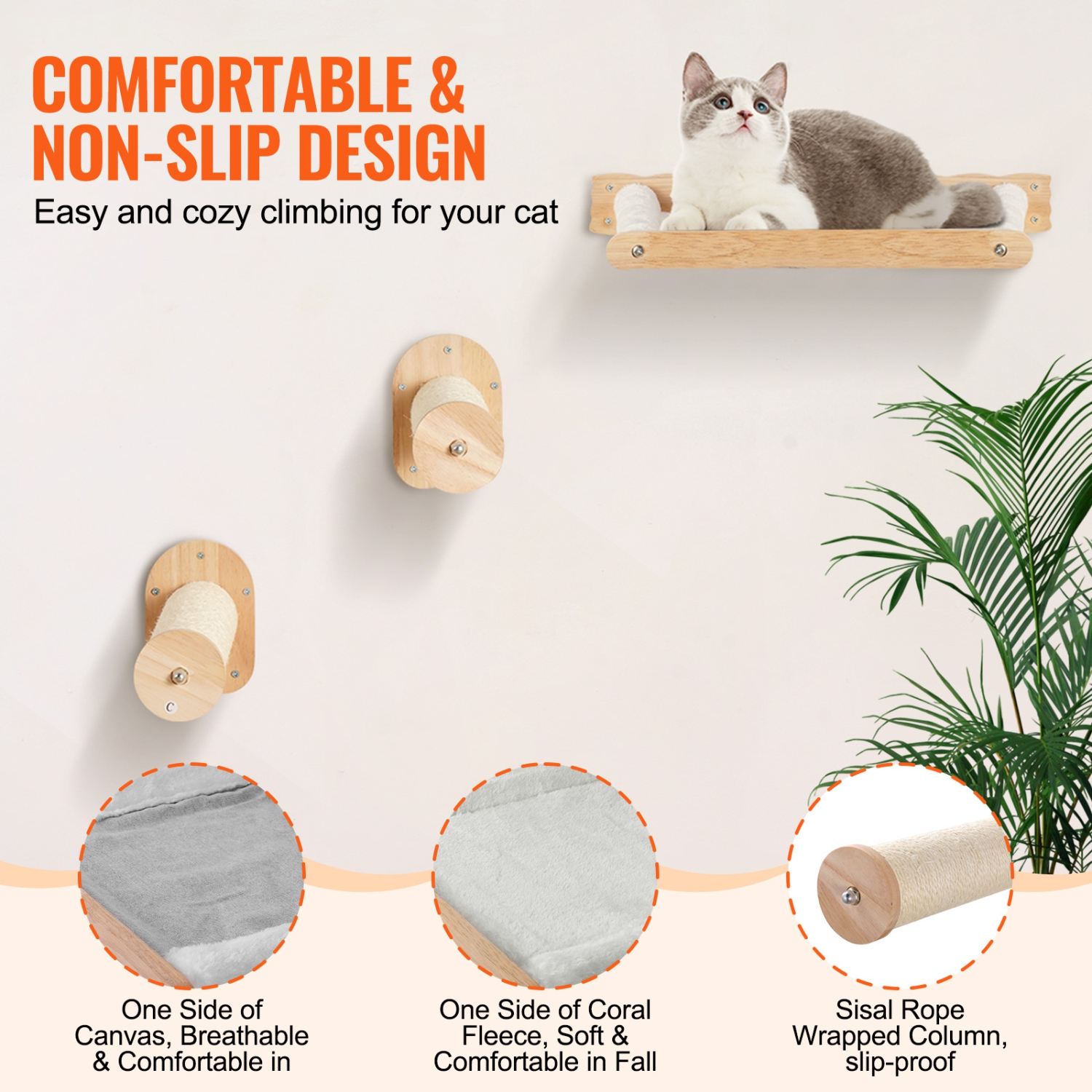 VEVOR Wall Mounted Cat Shelves, Cat Wall Shelves and Perches with Jumping Posts & Hammocks, Cat Furniture Set up to 40 lbs, Removable & Washable