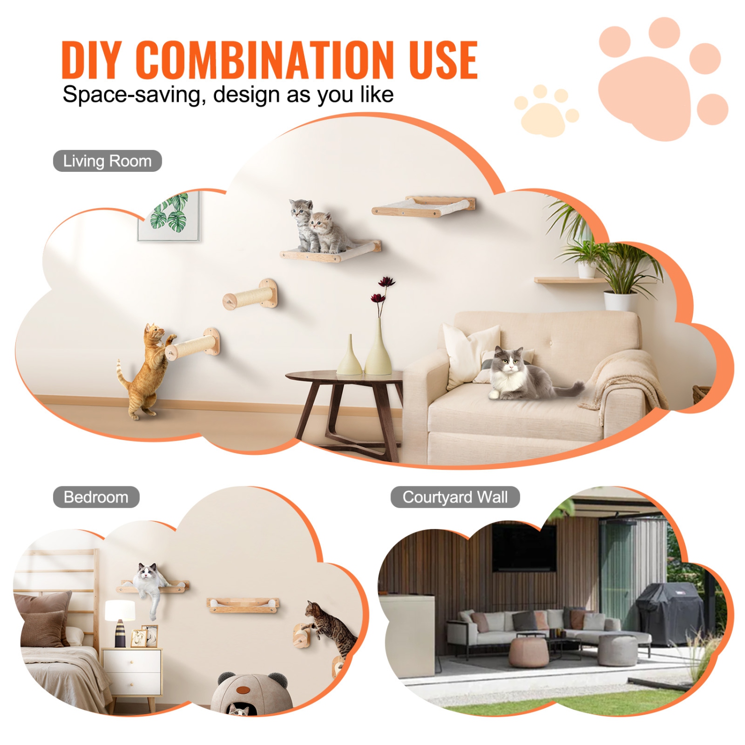 VEVOR Wall Mounted Cat Shelves, Cat Wall Shelves and Perches with Jumping Posts & Hammocks, Cat Furniture Set up to 40 lbs, Removable & Washable