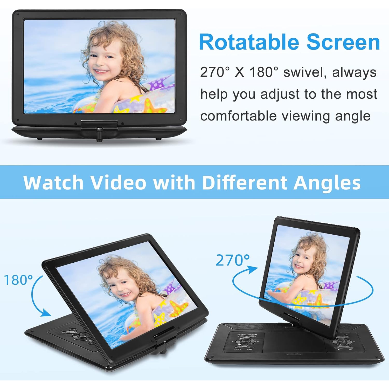 17.9" Portable DVD Players with Large Screen,15.6" Swivel HD Screen DVD Player with Dual Speaker,Portable DVD Player,Last Memory,Support USB/SD