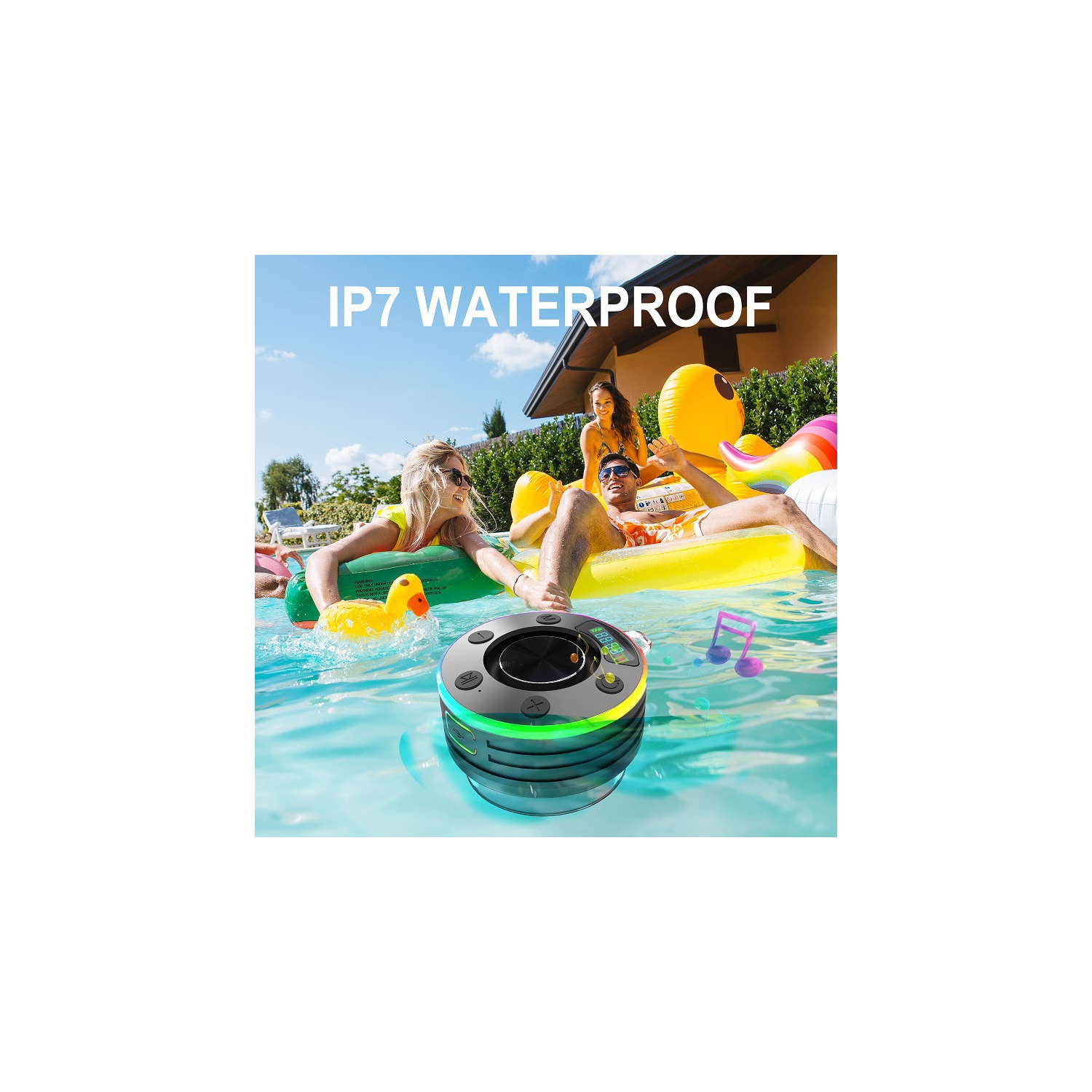 Haut-parleur de douche Bluetooth, Mini haut-parleur de douche avec ventouse, Radio de douche sans fil avec lumière RVB, Radio FM, Haut-parleur