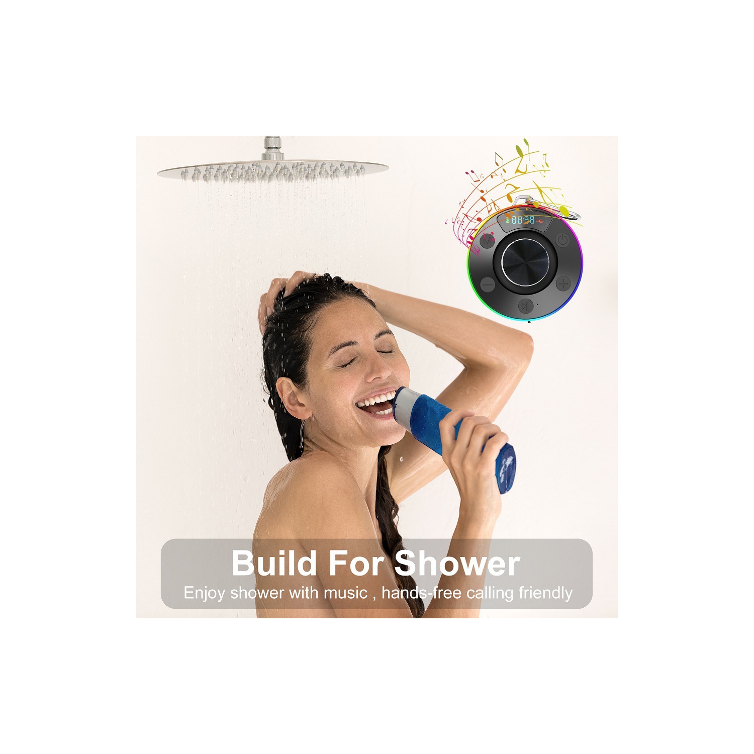 Haut-parleur de douche Bluetooth, Mini haut-parleur de douche avec ventouse, Radio de douche sans fil avec lumière RVB, Radio FM, Haut-parleur