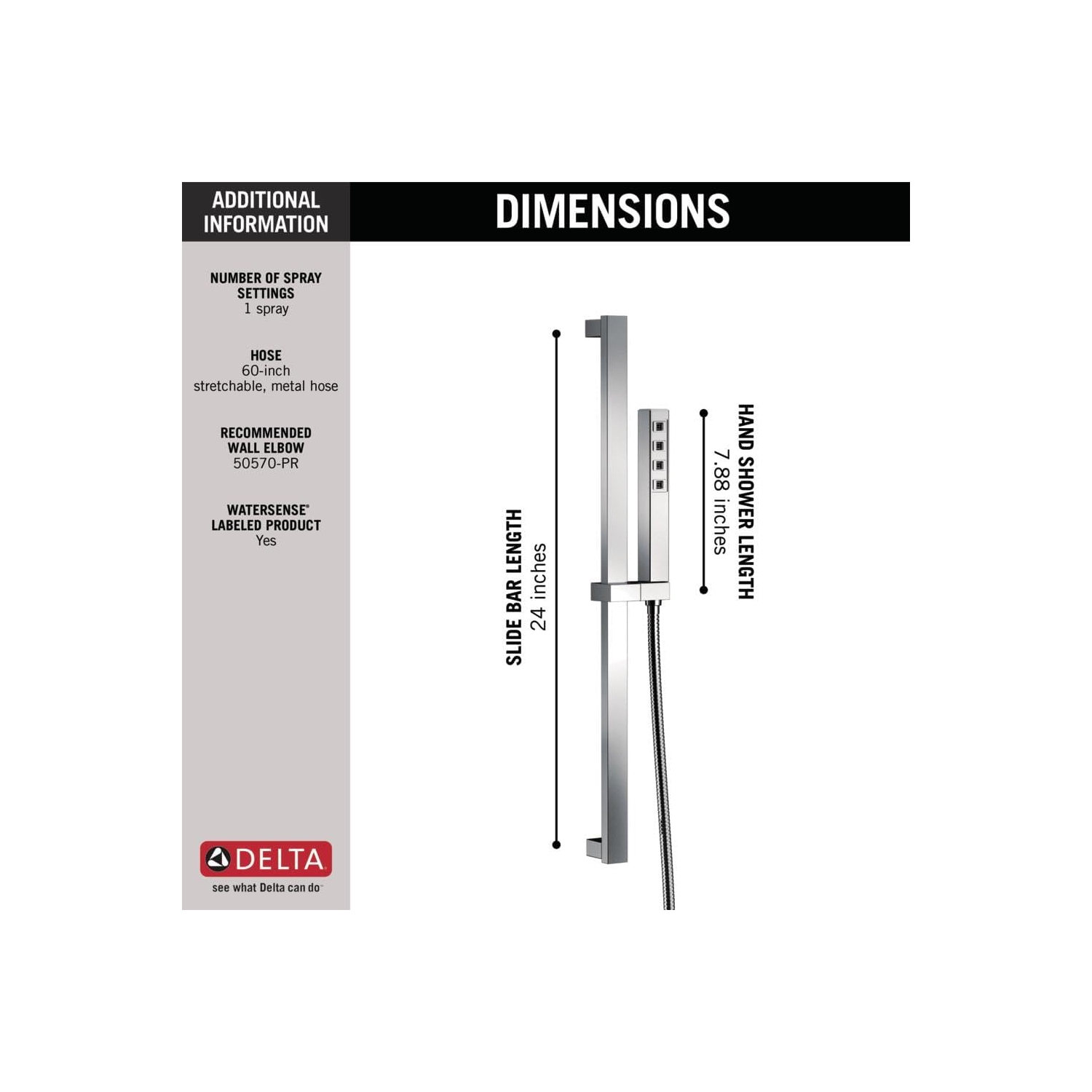 Douche à main à glissière H2Okinetic à un vaporisateur Delta Faucet avec tuyau, pomme de douche à main chromée