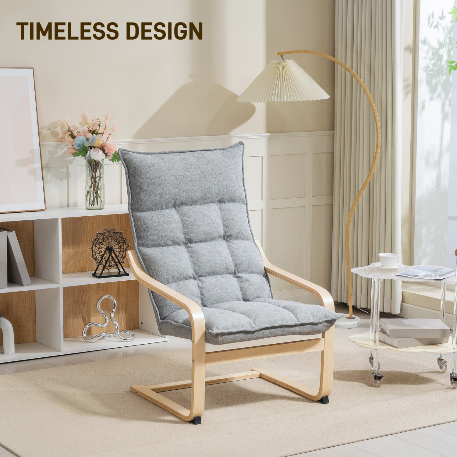 HOMCOM Modern Armchair, Upholstered Linen Accent Chair with Curved Leg and Arm, Leisure Lounge Chair for Living Room, Bedroom, Balcony, Office, Light