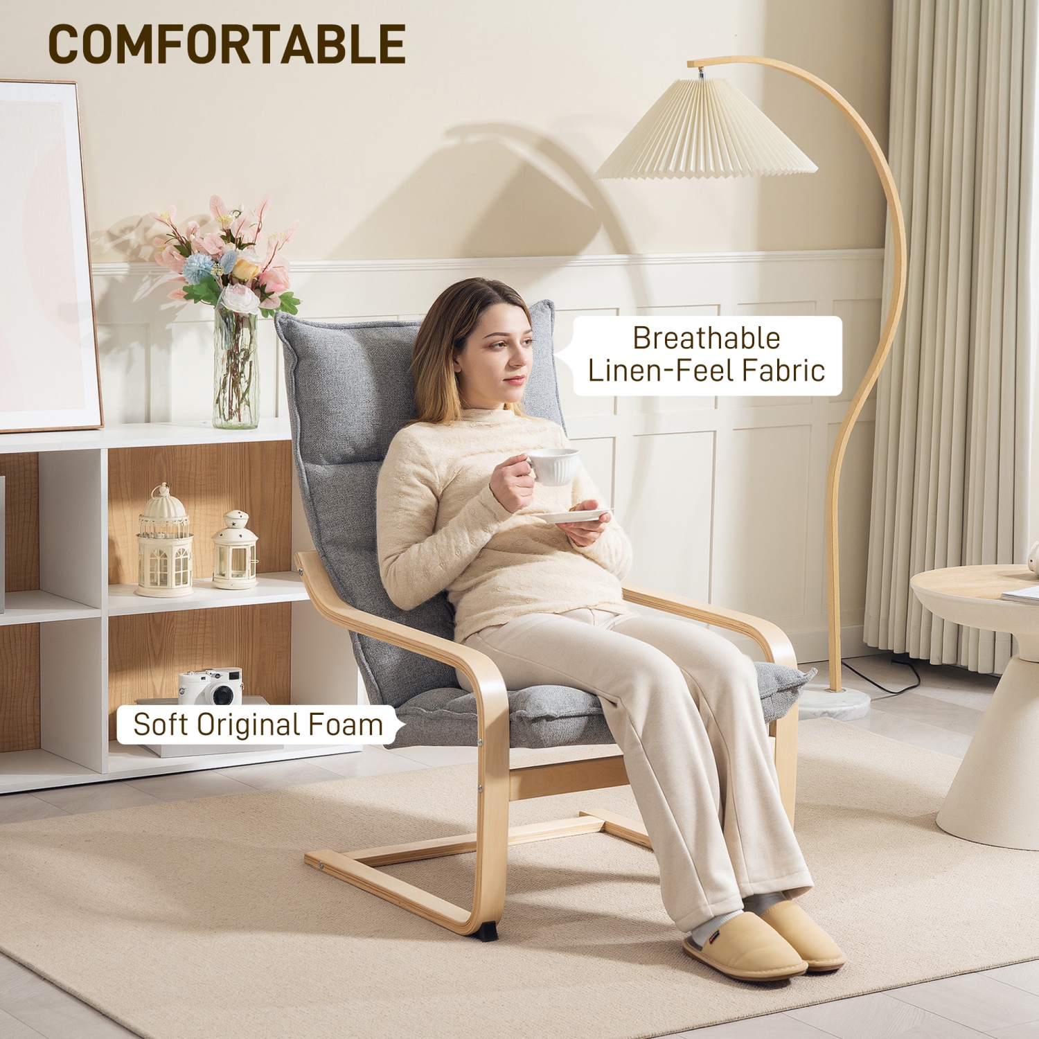 HOMCOM Modern Armchair, Upholstered Linen Accent Chair with Curved Leg and Arm, Leisure Lounge Chair for Living Room, Bedroom, Balcony, Office, Light