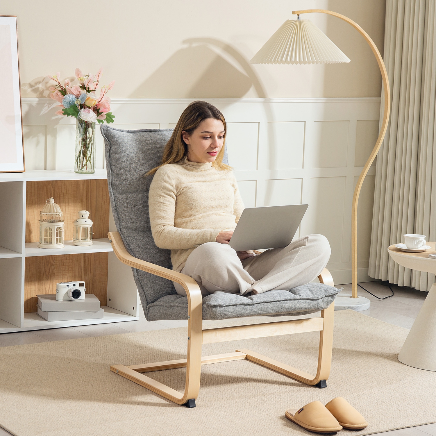 HOMCOM Modern Armchair, Upholstered Linen Accent Chair with Curved Leg and Arm, Leisure Lounge Chair for Living Room, Bedroom, Balcony, Office, Light