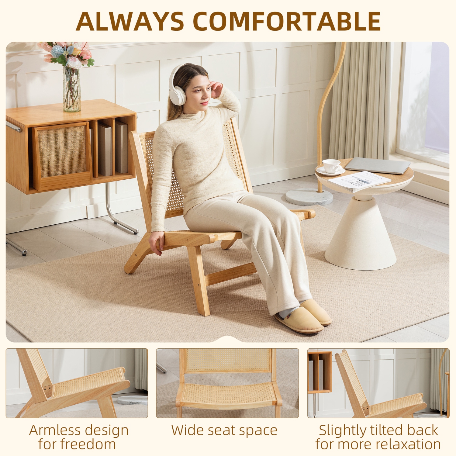 HOMCOM Rattan Accent Chair, Mid-Century Modern Chair with Rubber Wood Frame, for Bedroom Living Room, Natural