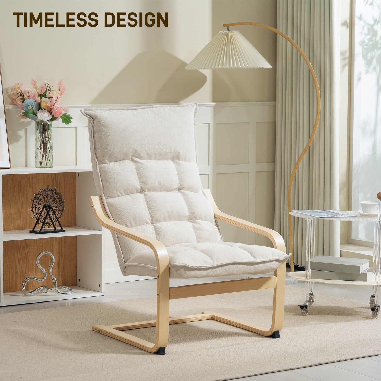 HOMCOM Modern Armchair, Upholstered Linen Accent Chair with Curved Leg and Arm, Leisure Lounge Chair for Living Room, Bedroom, Balcony, Office, Cream