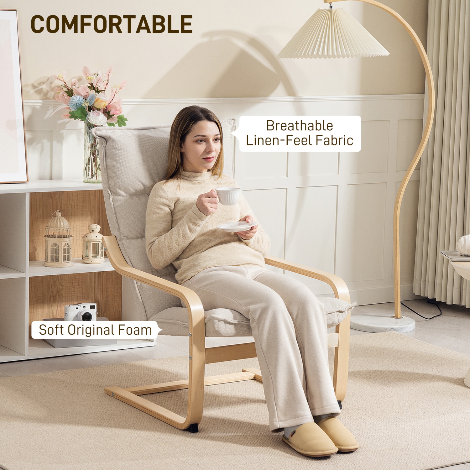 HOMCOM Modern Armchair, Upholstered Linen Accent Chair with Curved Leg and Arm, Leisure Lounge Chair for Living Room, Bedroom, Balcony, Office, Cream