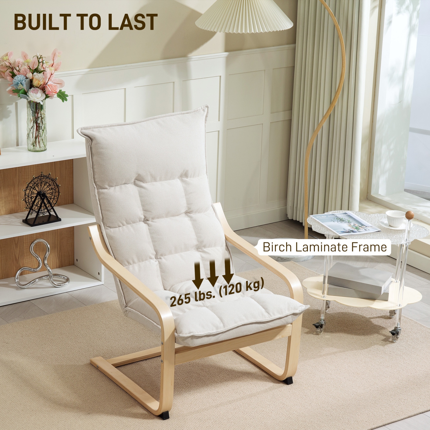 HOMCOM Modern Armchair, Upholstered Linen Accent Chair with Curved Leg and Arm, Leisure Lounge Chair for Living Room, Bedroom, Balcony, Office, Cream