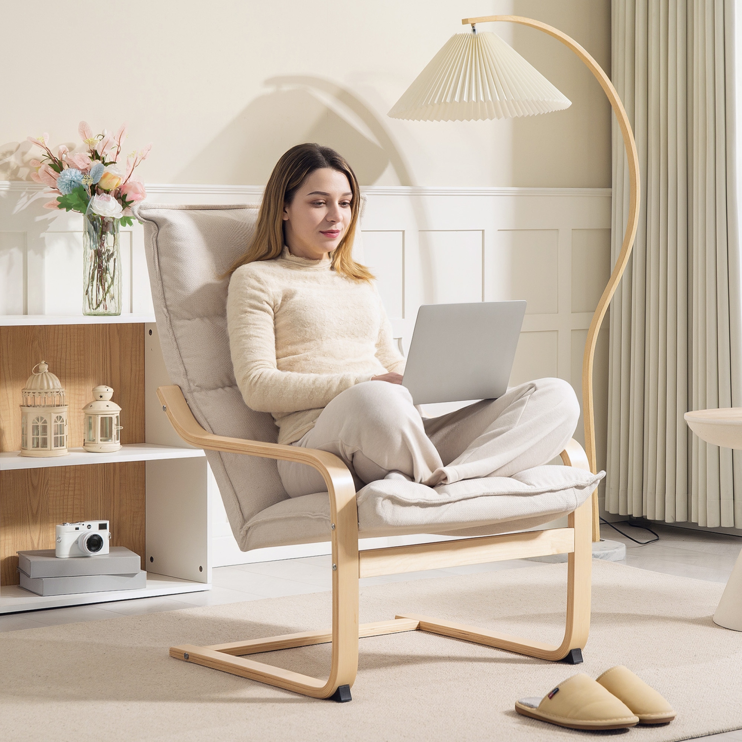 HOMCOM Modern Armchair, Upholstered Linen Accent Chair with Curved Leg and Arm, Leisure Lounge Chair for Living Room, Bedroom, Balcony, Office, Cream