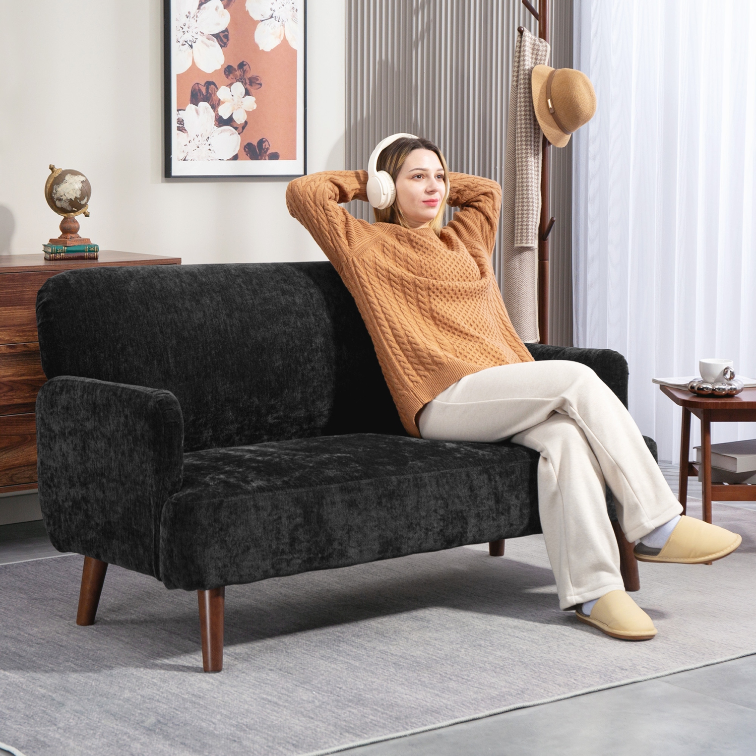 HOMCOM 55" Loveseat Sofa, 2 Seater Velvet Sofa Couch with 8.3" Thick Padding and Rubber Wood Legs, Upholstered Love Seat for Living Room, Bedroom,