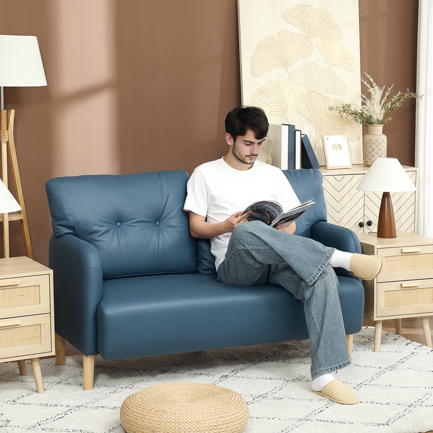 HOMCOM 58" Loveseat Sofa for Bedroom, Modern Love Seats Furniture, Upholstered 2 Seater Couch with 2 Tufted Back Cushion, Steel Frame and Beech Wood