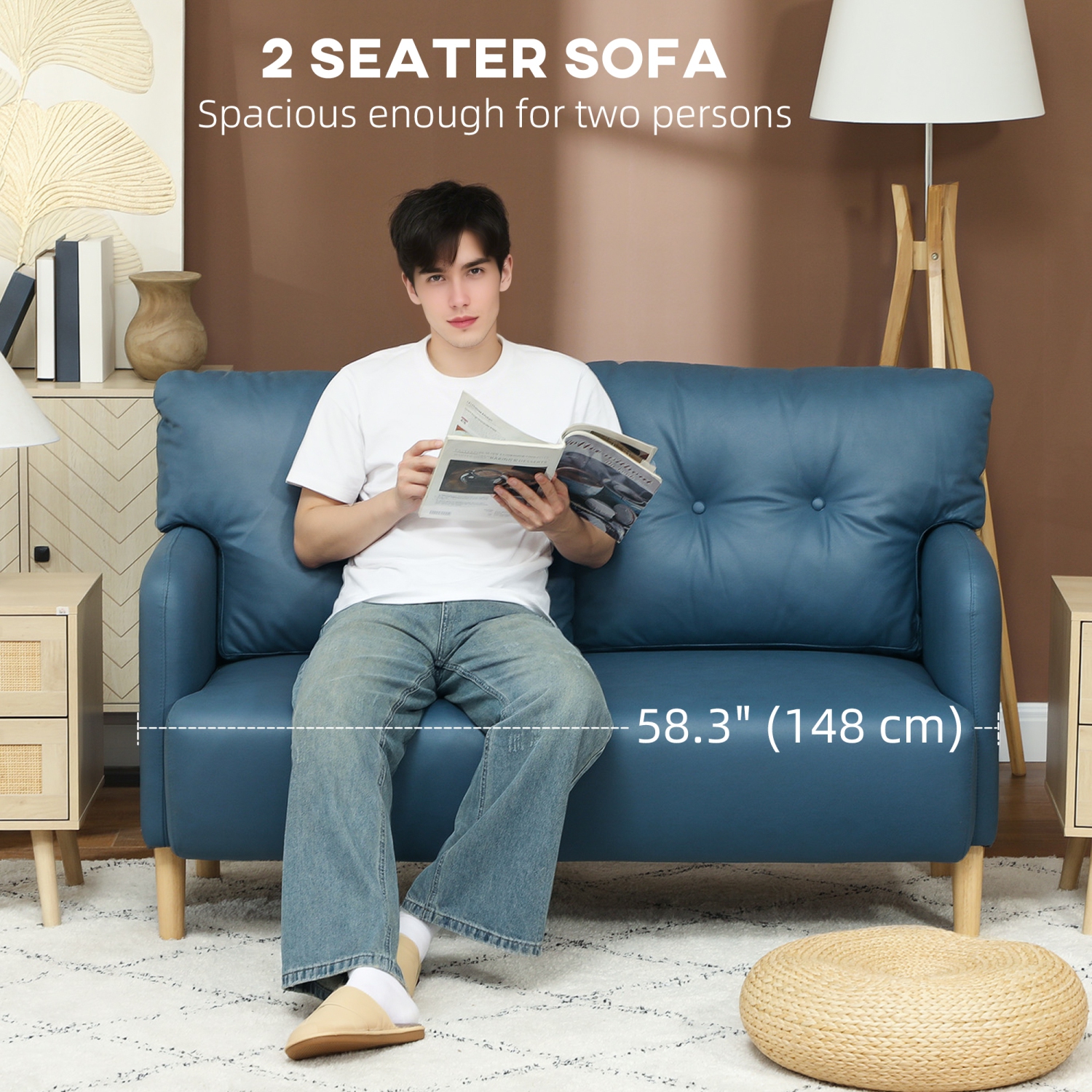 HOMCOM 58" Loveseat Sofa for Bedroom, Modern Love Seats Furniture, Upholstered 2 Seater Couch with 2 Tufted Back Cushion, Steel Frame and Beech Wood