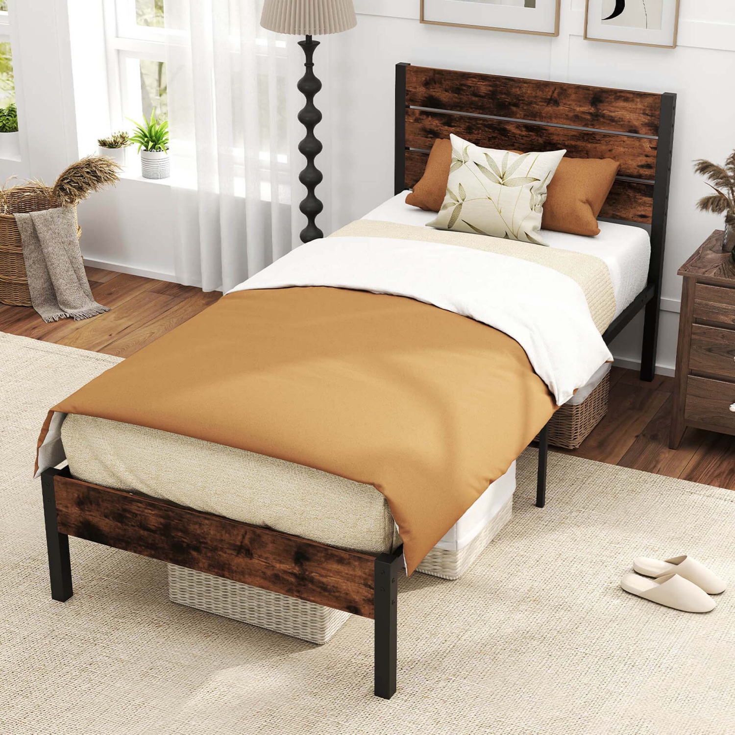 Costway Twin/Full/Queen/King Bed Frame with Tall Industrial Headboard Heavy-Duty Metal Slats Support Brown