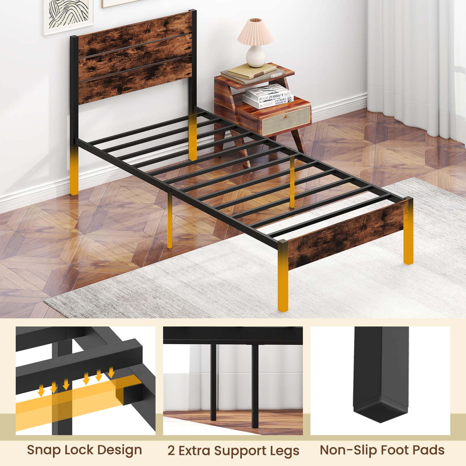 Costway Twin/Full/Queen/King Bed Frame with Tall Industrial Headboard Heavy-Duty Metal Slats Support Brown