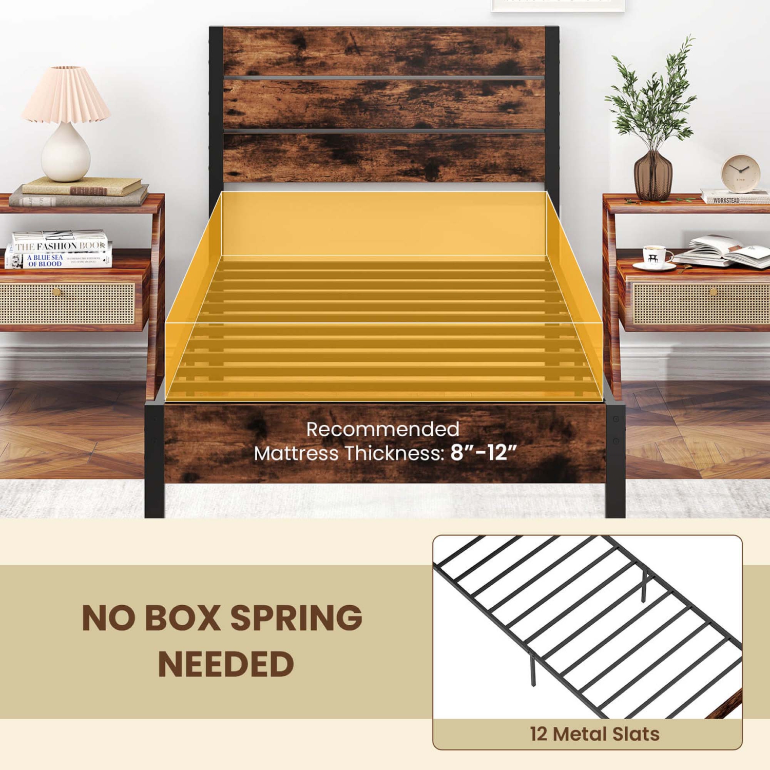 Costway Twin/Full/Queen/King Bed Frame with Tall Industrial Headboard Heavy-Duty Metal Slats Support Brown