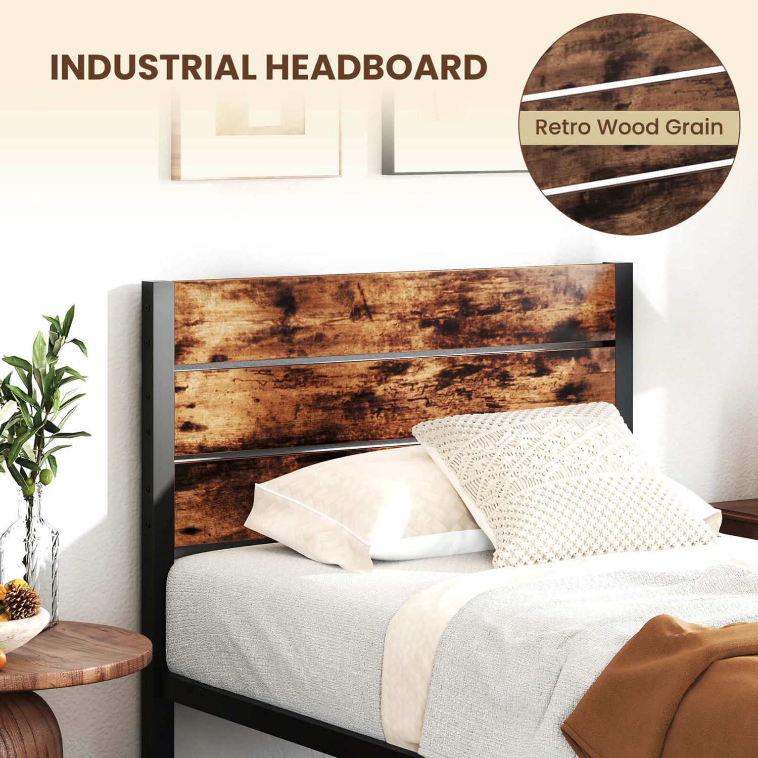 Costway Twin/Full/Queen/King Bed Frame with Tall Industrial Headboard Heavy-Duty Metal Slats Support Brown