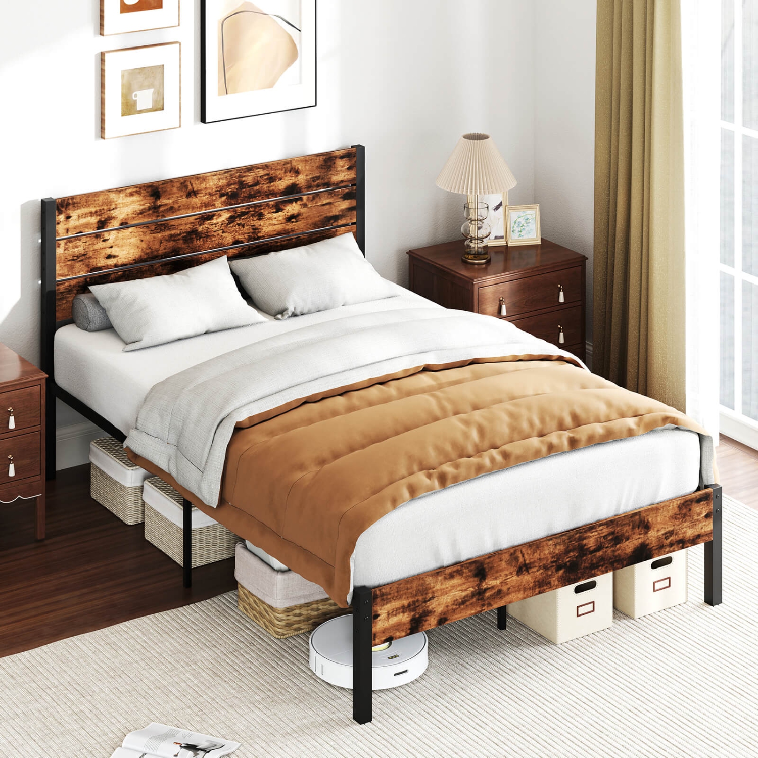 Costway Twin/Full/Queen/King Bed Frame with Tall Industrial Headboard Heavy-Duty Metal Slats Support Brown