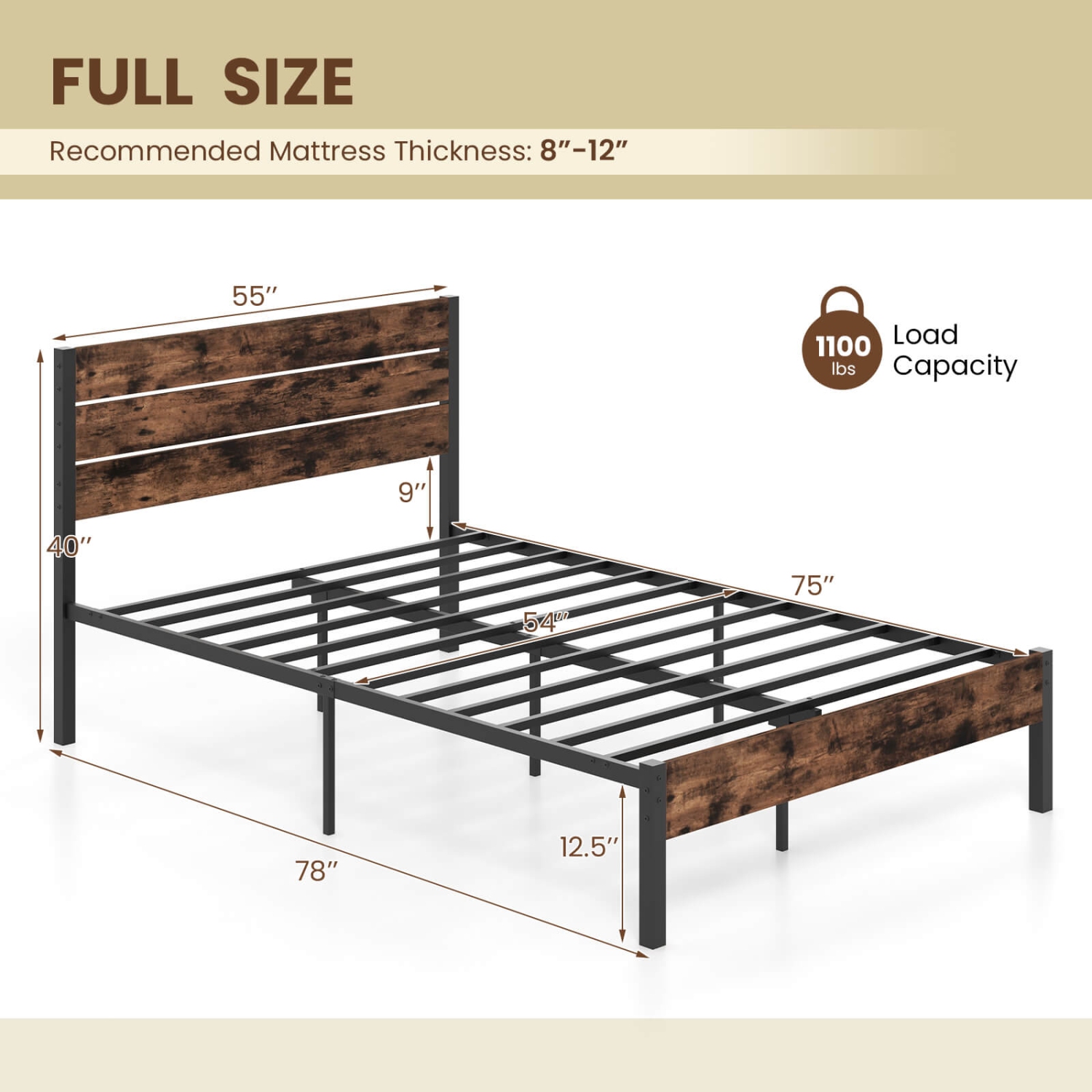 Costway Twin/Full/Queen/King Bed Frame with Tall Industrial Headboard Heavy-Duty Metal Slats Support Brown