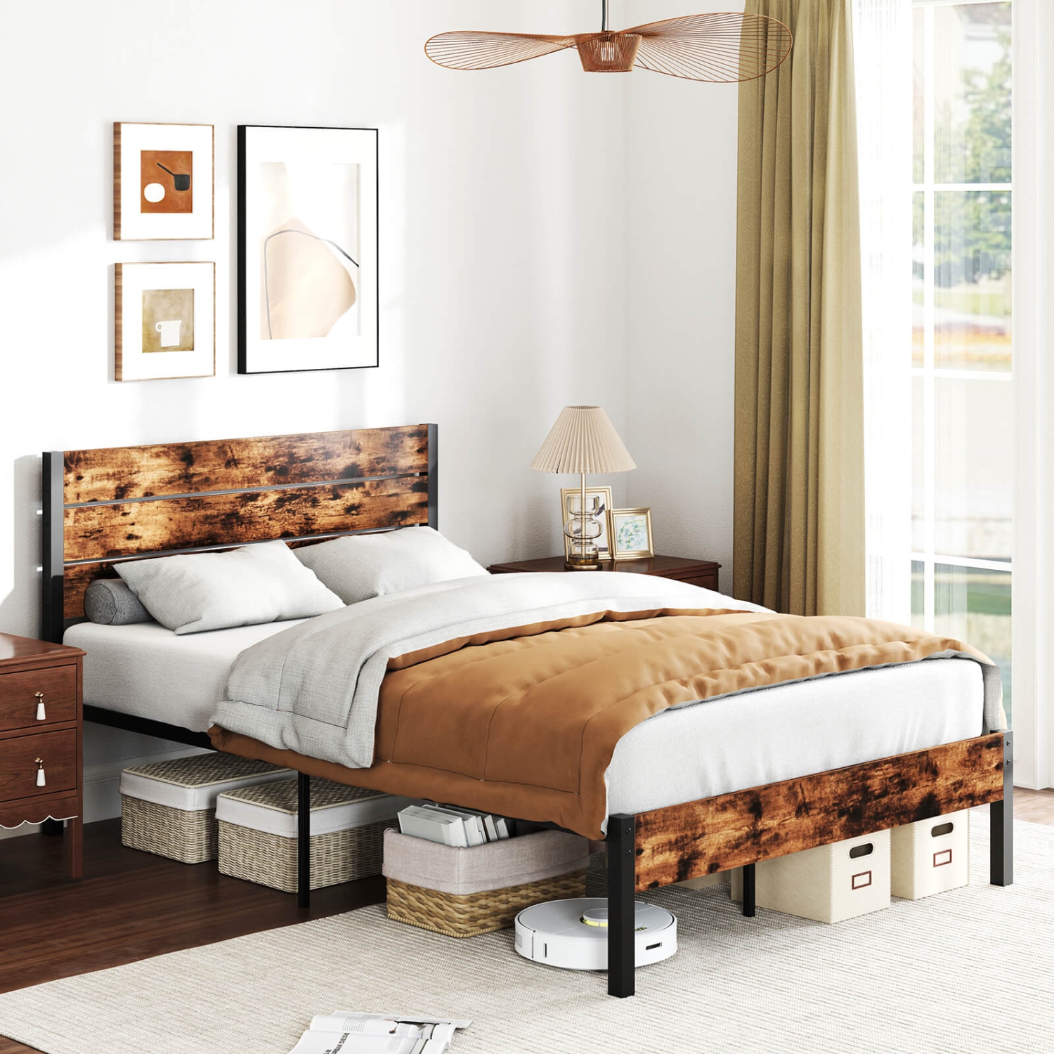 Costway Twin/Full/Queen/King Bed Frame with Tall Industrial Headboard Heavy-Duty Metal Slats Support Brown