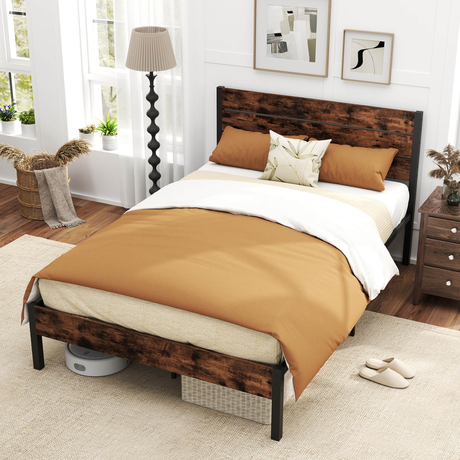 Costway Twin/Full/Queen/King Bed Frame with Tall Industrial Headboard Heavy-Duty Metal Slats Support Brown