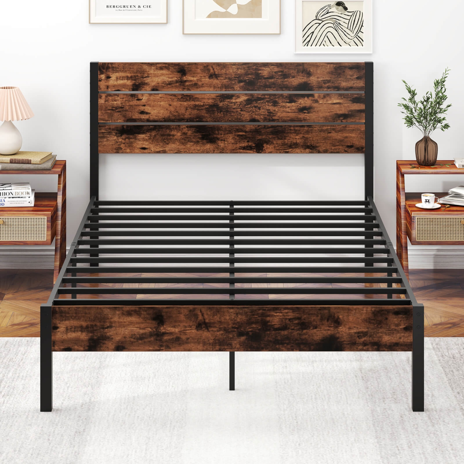 Costway Twin/Full/Queen/King Bed Frame with Tall Industrial Headboard Heavy-Duty Metal Slats Support Brown