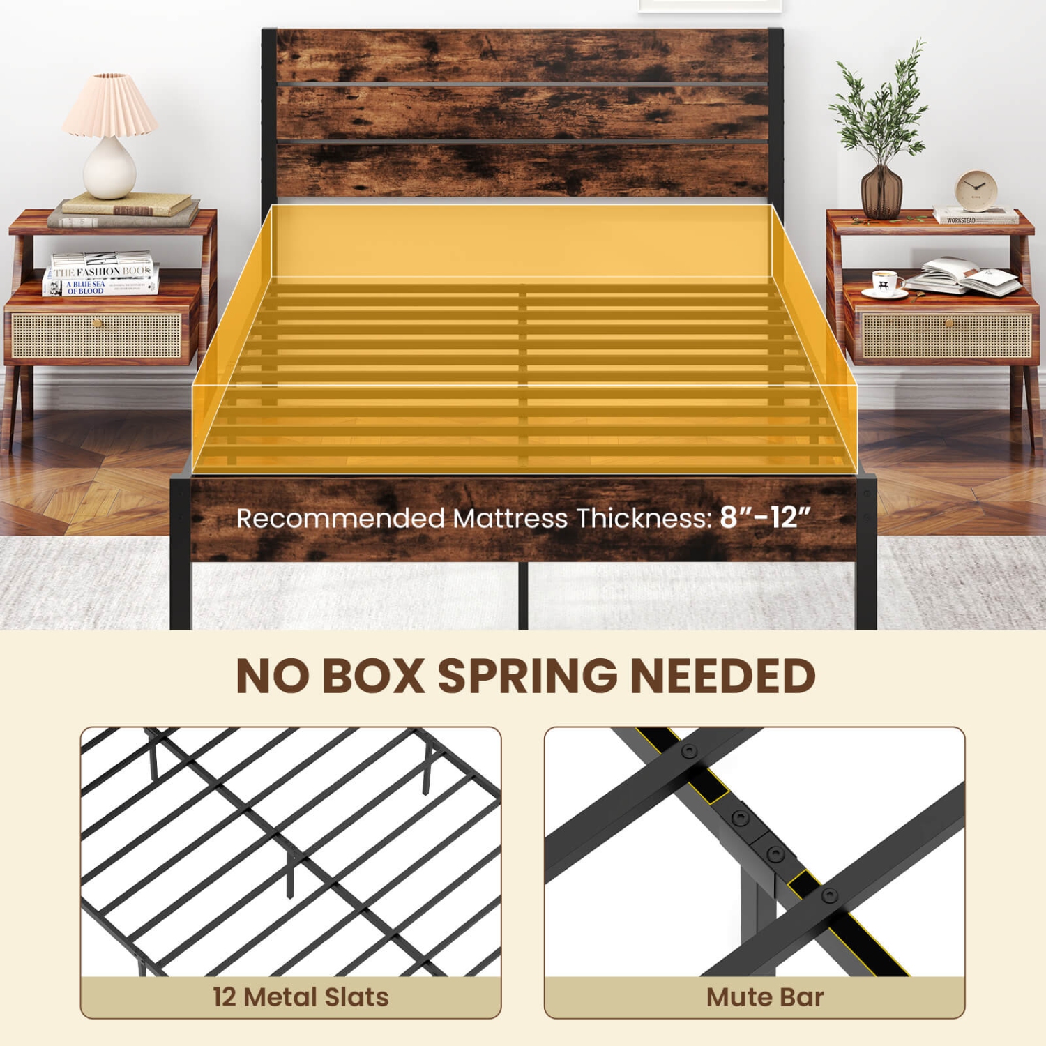 Costway Twin/Full/Queen/King Bed Frame with Tall Industrial Headboard Heavy-Duty Metal Slats Support Brown