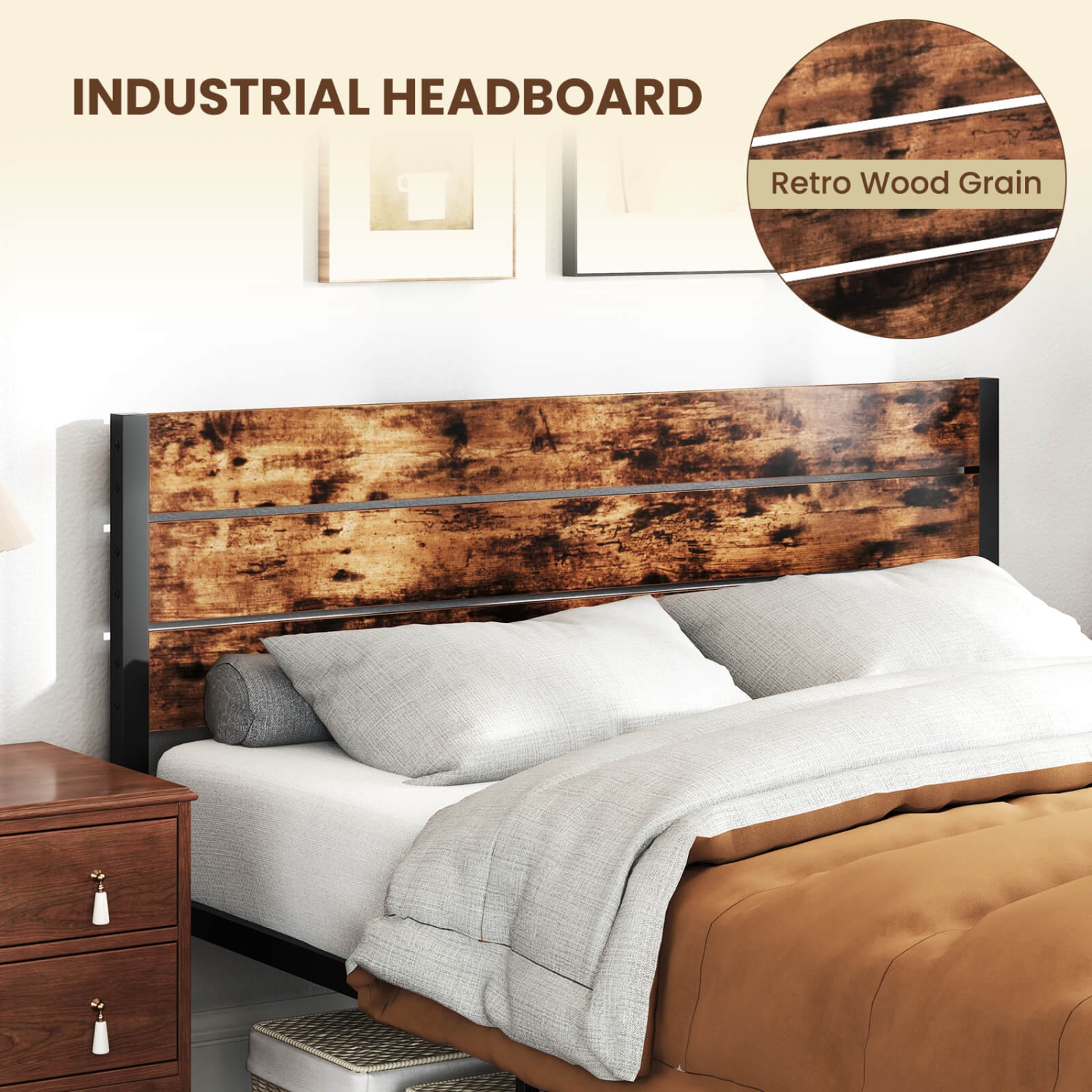Costway Twin/Full/Queen/King Bed Frame with Tall Industrial Headboard Heavy-Duty Metal Slats Support Brown