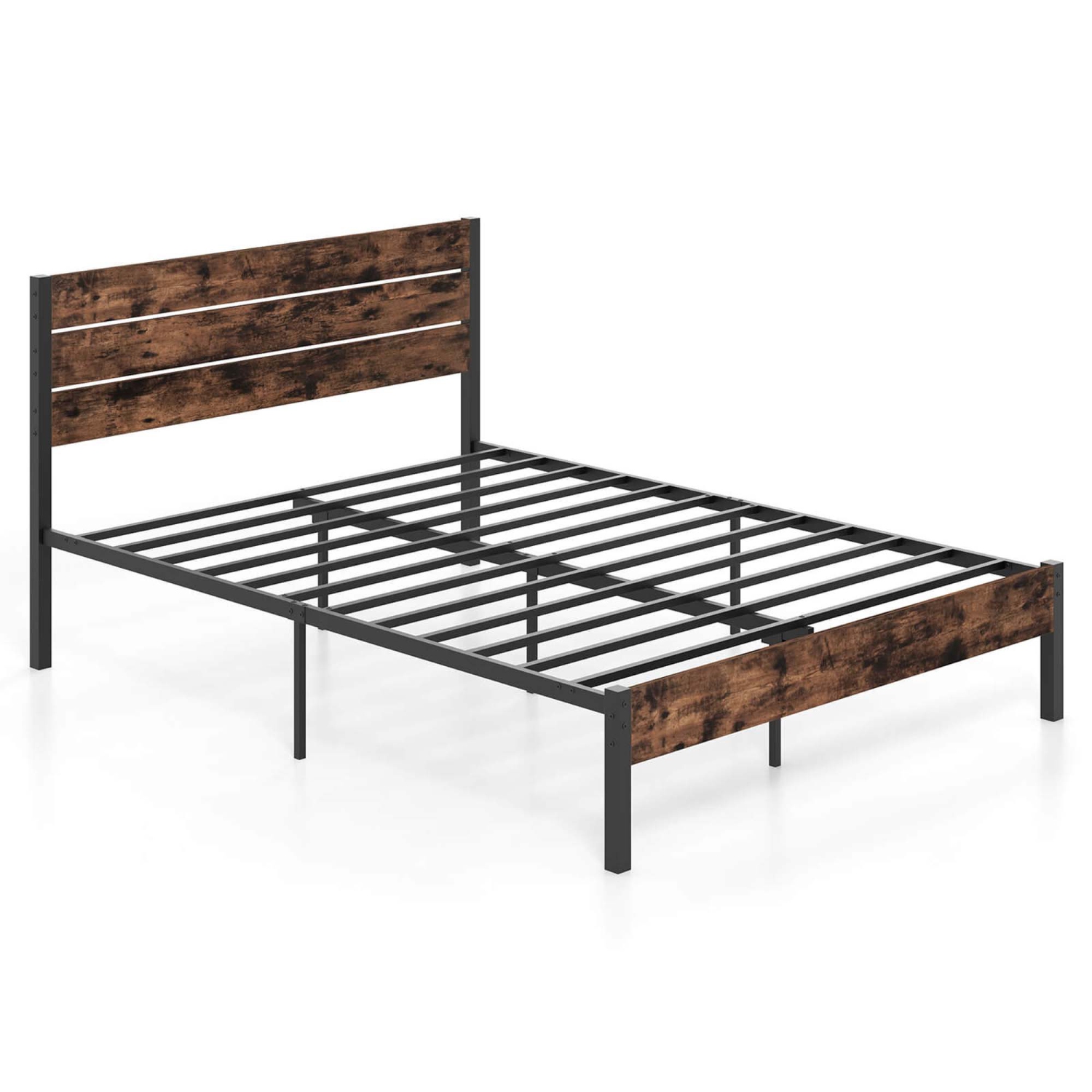 Costway Twin/Full/Queen/King Bed Frame with Tall Industrial Headboard Heavy-Duty Metal Slats Support Brown