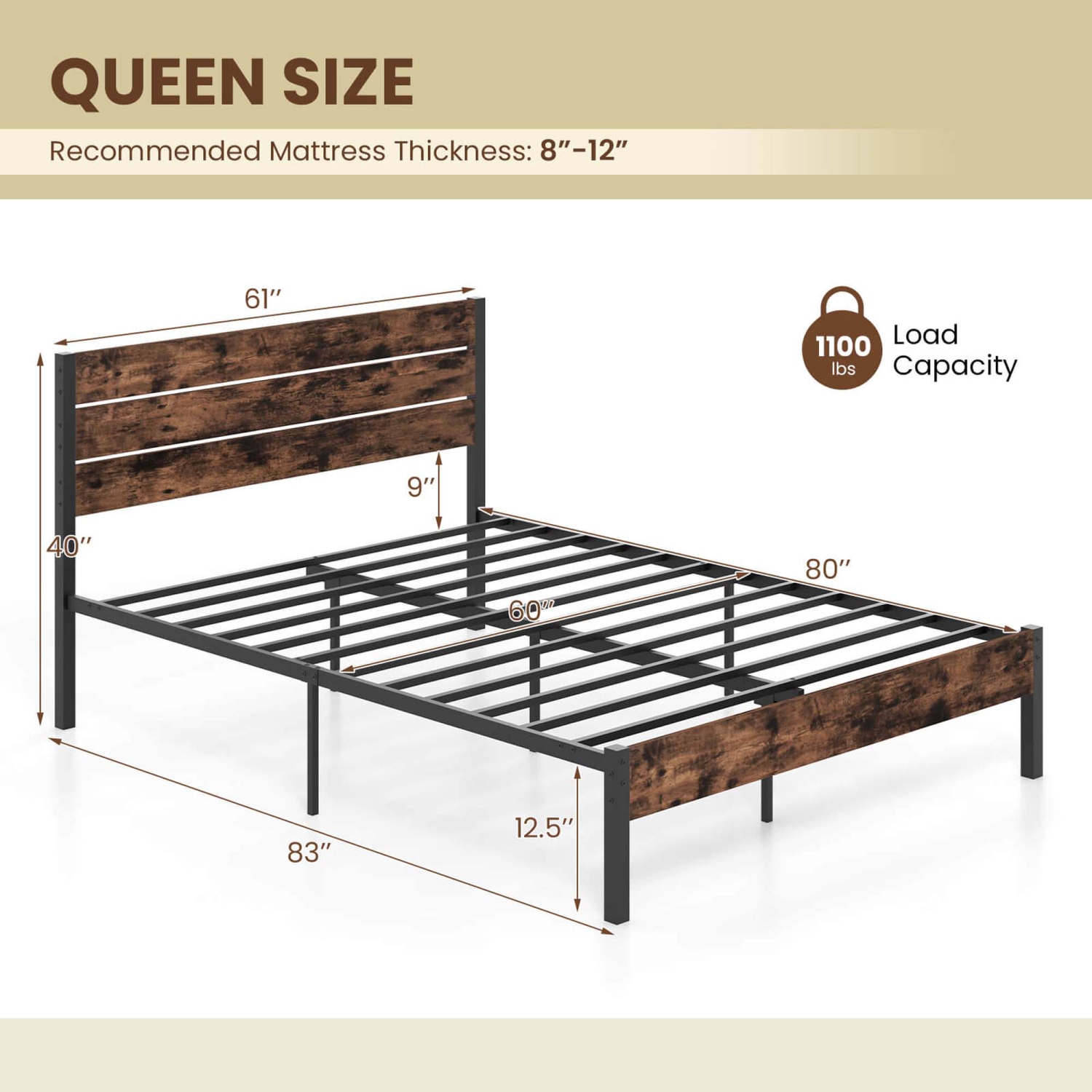 Costway Twin/Full/Queen/King Bed Frame with Tall Industrial Headboard Heavy-Duty Metal Slats Support Brown