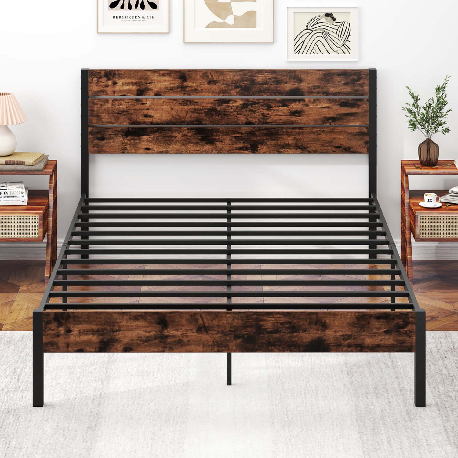 Costway Twin/Full/Queen/King Bed Frame with Tall Industrial Headboard Heavy-Duty Metal Slats Support Brown
