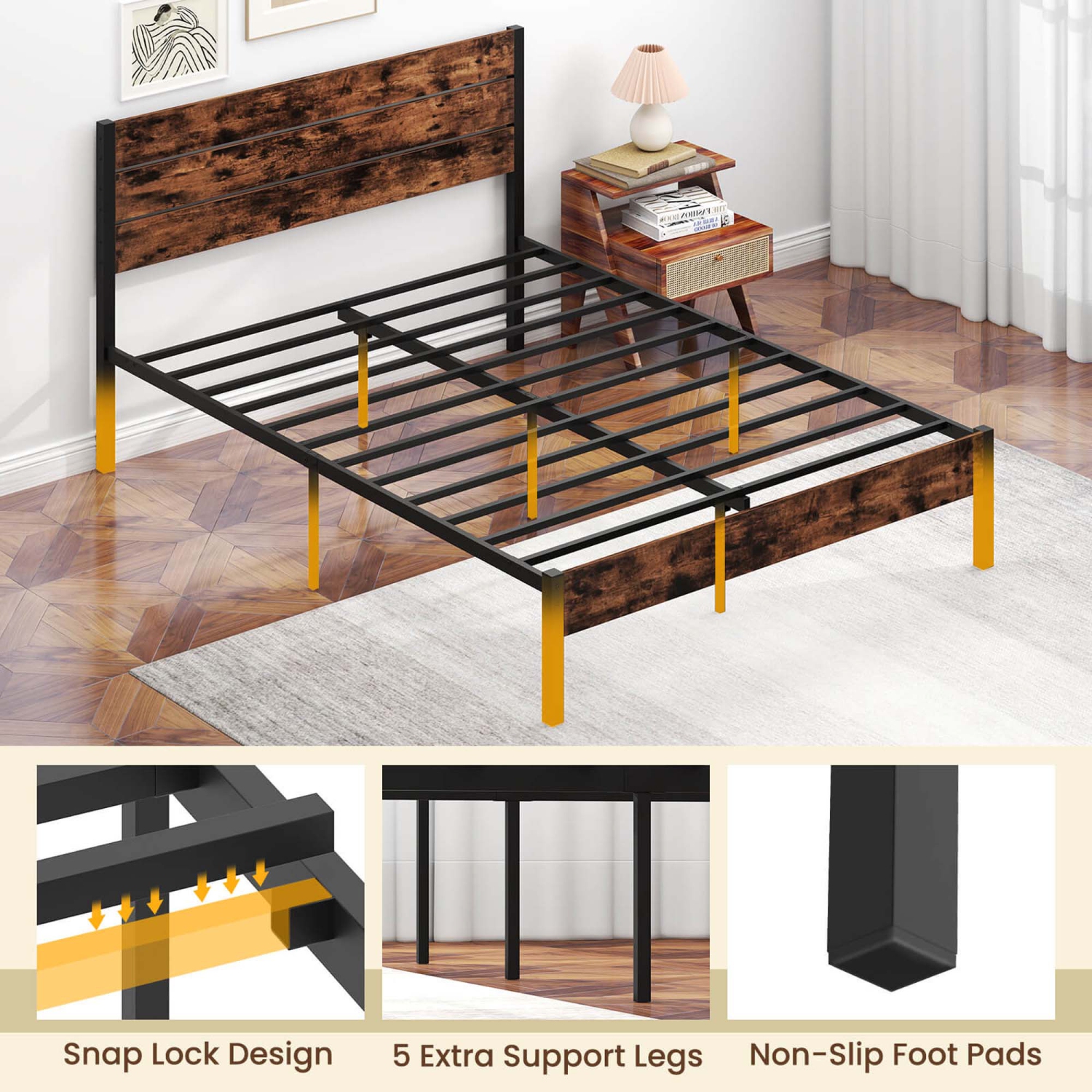 Costway Twin/Full/Queen/King Bed Frame with Tall Industrial Headboard Heavy-Duty Metal Slats Support Brown