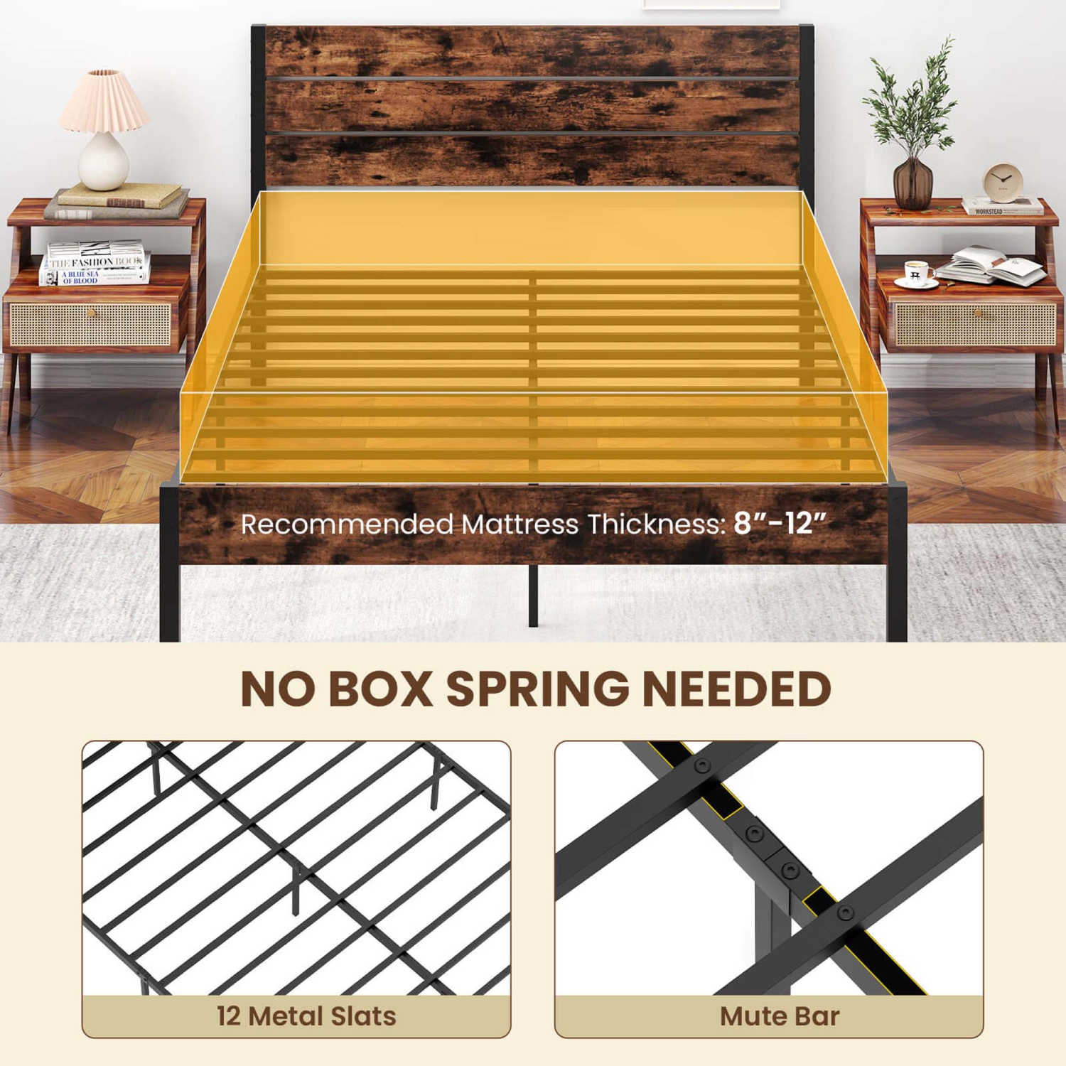 Costway Twin/Full/Queen/King Bed Frame with Tall Industrial Headboard Heavy-Duty Metal Slats Support Brown