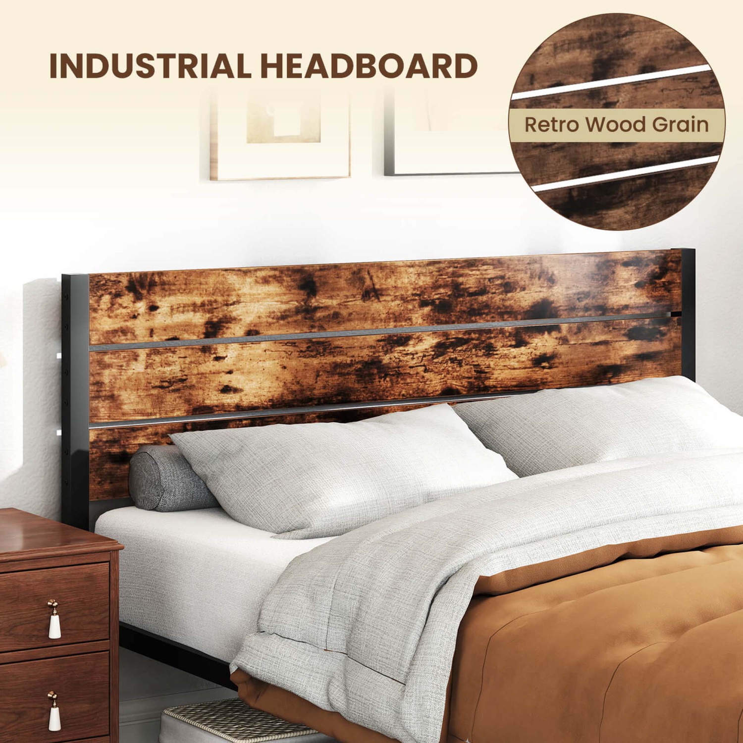 Costway Twin/Full/Queen/King Bed Frame with Tall Industrial Headboard Heavy-Duty Metal Slats Support Brown