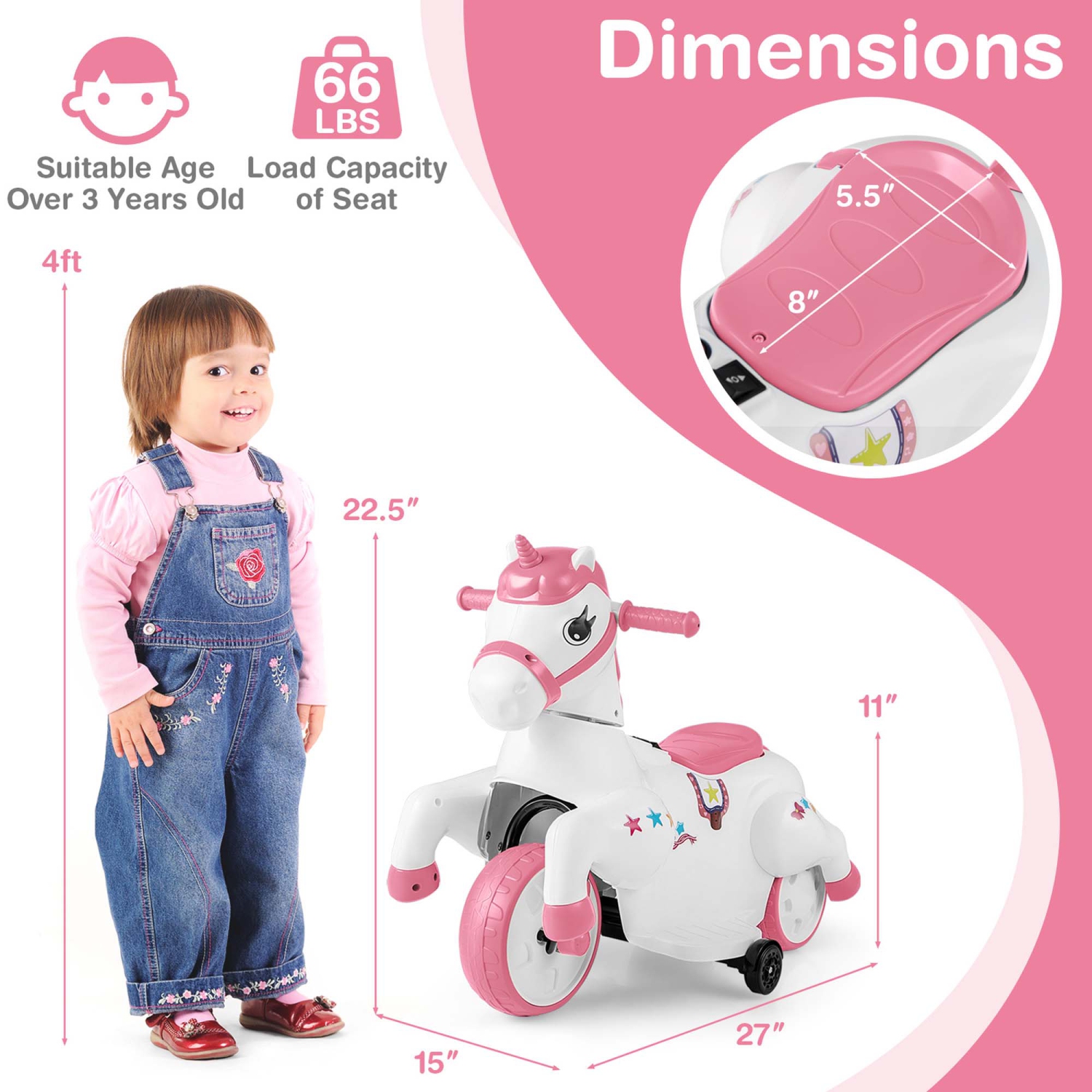 Costway 12V Kids Ride on Unicorn Toy with Training Wheels Music One-button Start Horse Toy Red/Blue/Pink