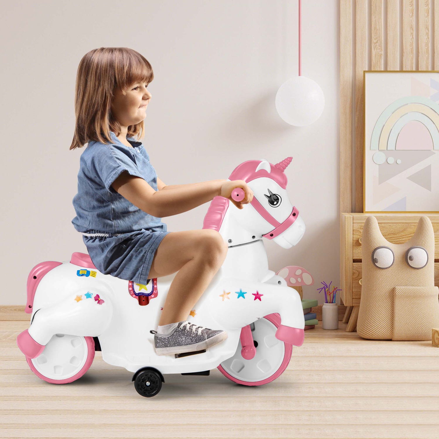Costway 12V Kids Ride on Unicorn Toy with Training Wheels Music One-button Start Horse Toy Red/Blue/Pink
