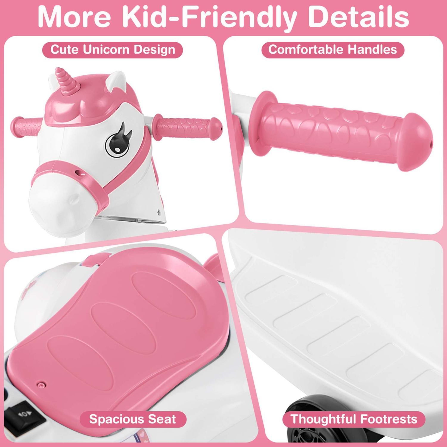 Costway 12V Kids Ride on Unicorn Toy with Training Wheels Music One-button Start Horse Toy Red/Blue/Pink