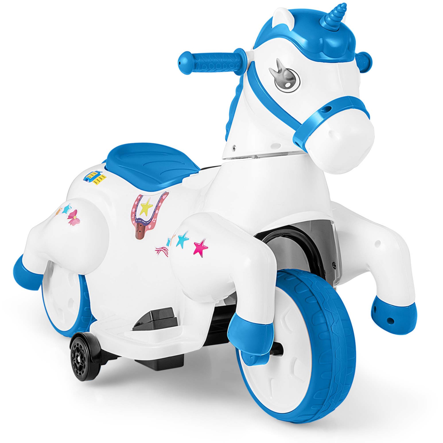 Costway 12V Kids Ride on Unicorn Toy with Training Wheels Music One-button Start Horse Toy Red/Blue/Pink