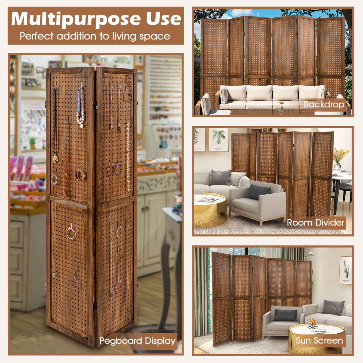 Présentoir à panneaux perforés 4/6 de Costway avec charnières en métal à 360° Cadre en bois massif pour le spectacle d'artisanat