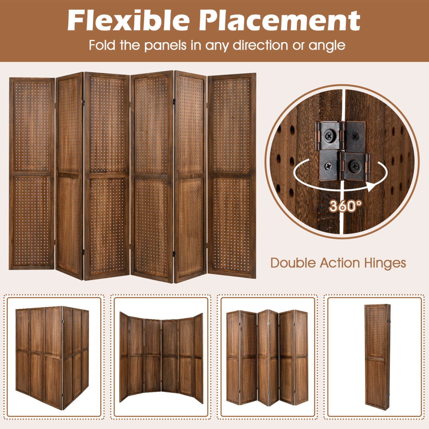 Présentoir à panneaux perforés 4/6 de Costway avec charnières en métal à 360° Cadre en bois massif pour le spectacle d'artisanat