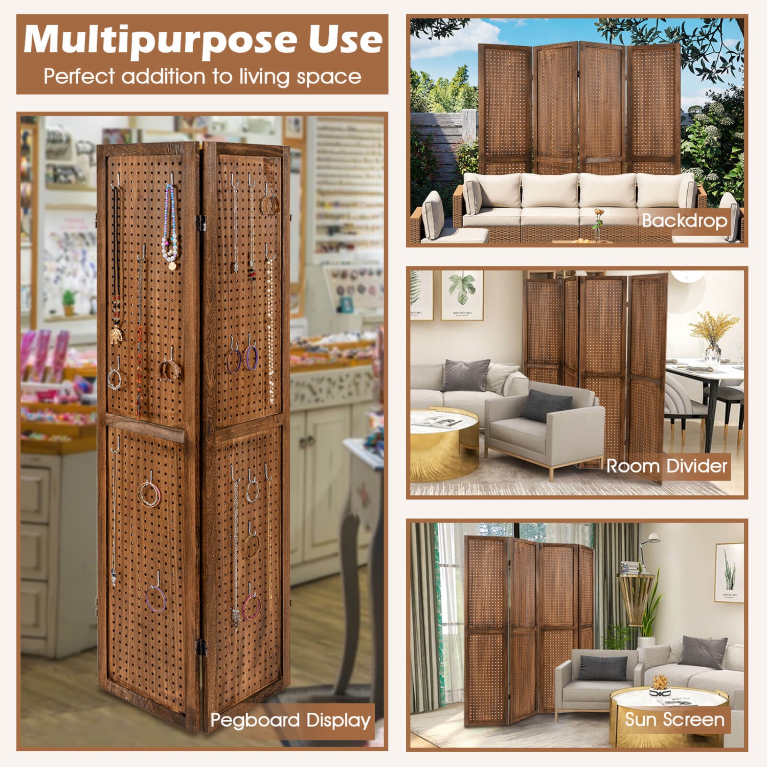 Présentoir à panneaux perforés 4/6 de Costway avec charnières en métal à 360° Cadre en bois massif pour le spectacle d'artisanat