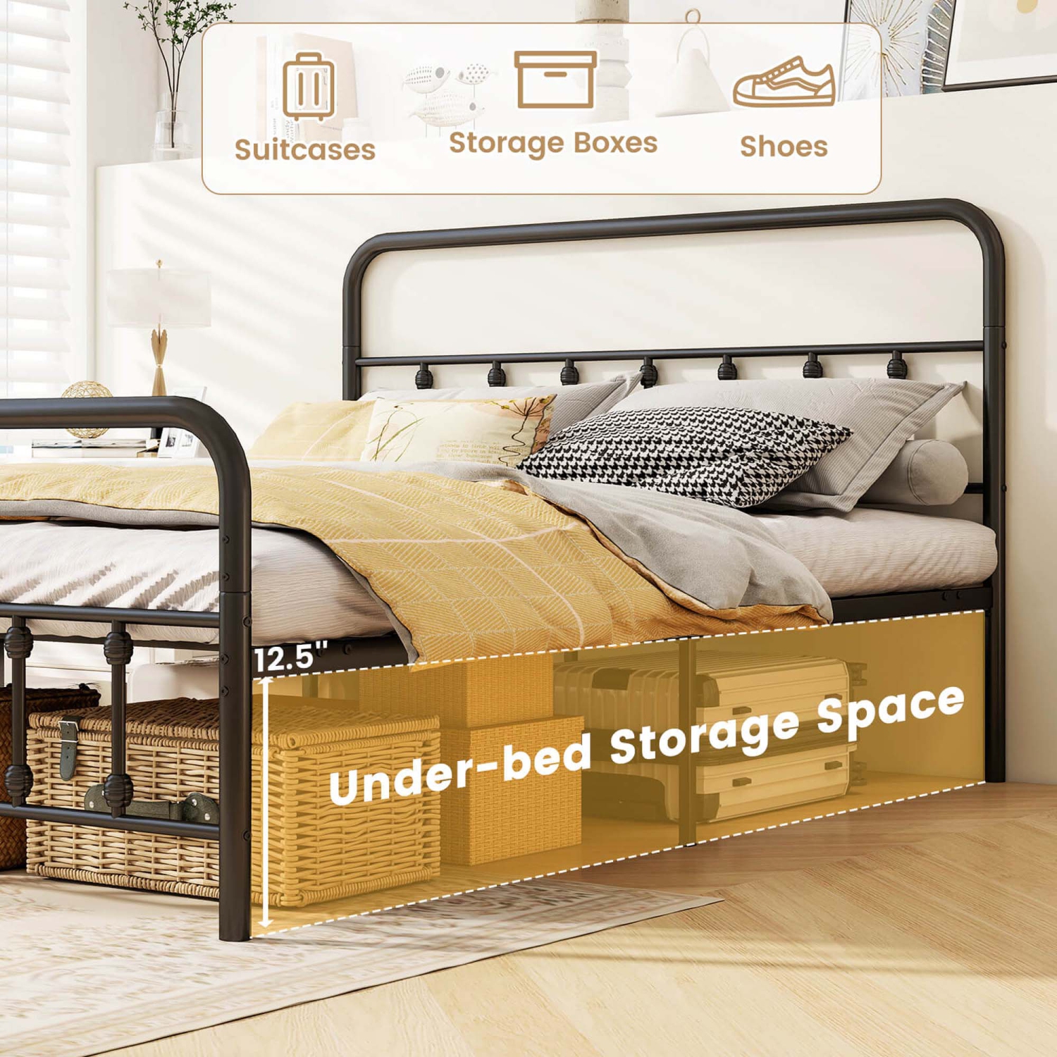 Costway Full/Queen/King Size Bed Frame with Headboard Under Bed Storage No Box Spring Needed Black
