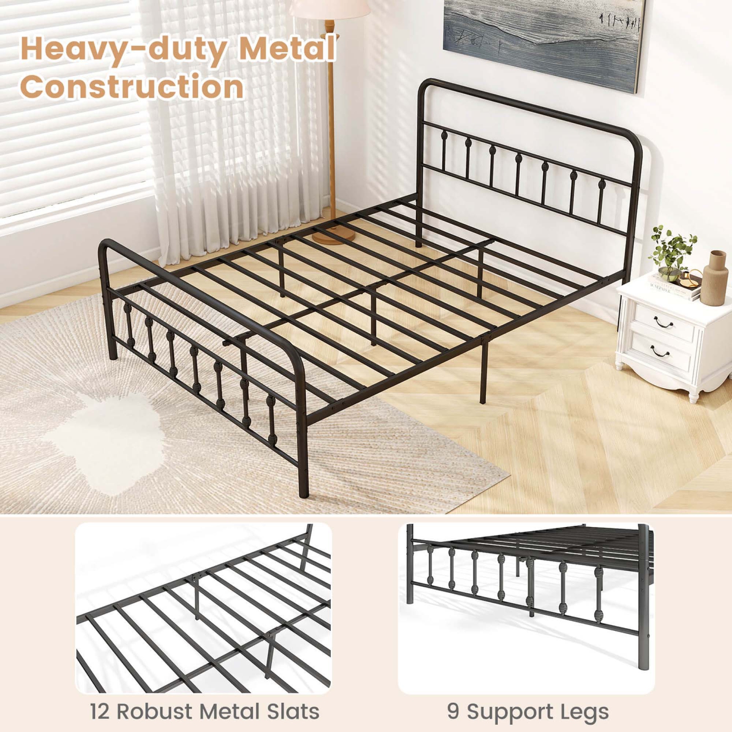 Costway Full/Queen/King Size Bed Frame with Headboard Under Bed Storage No Box Spring Needed Black