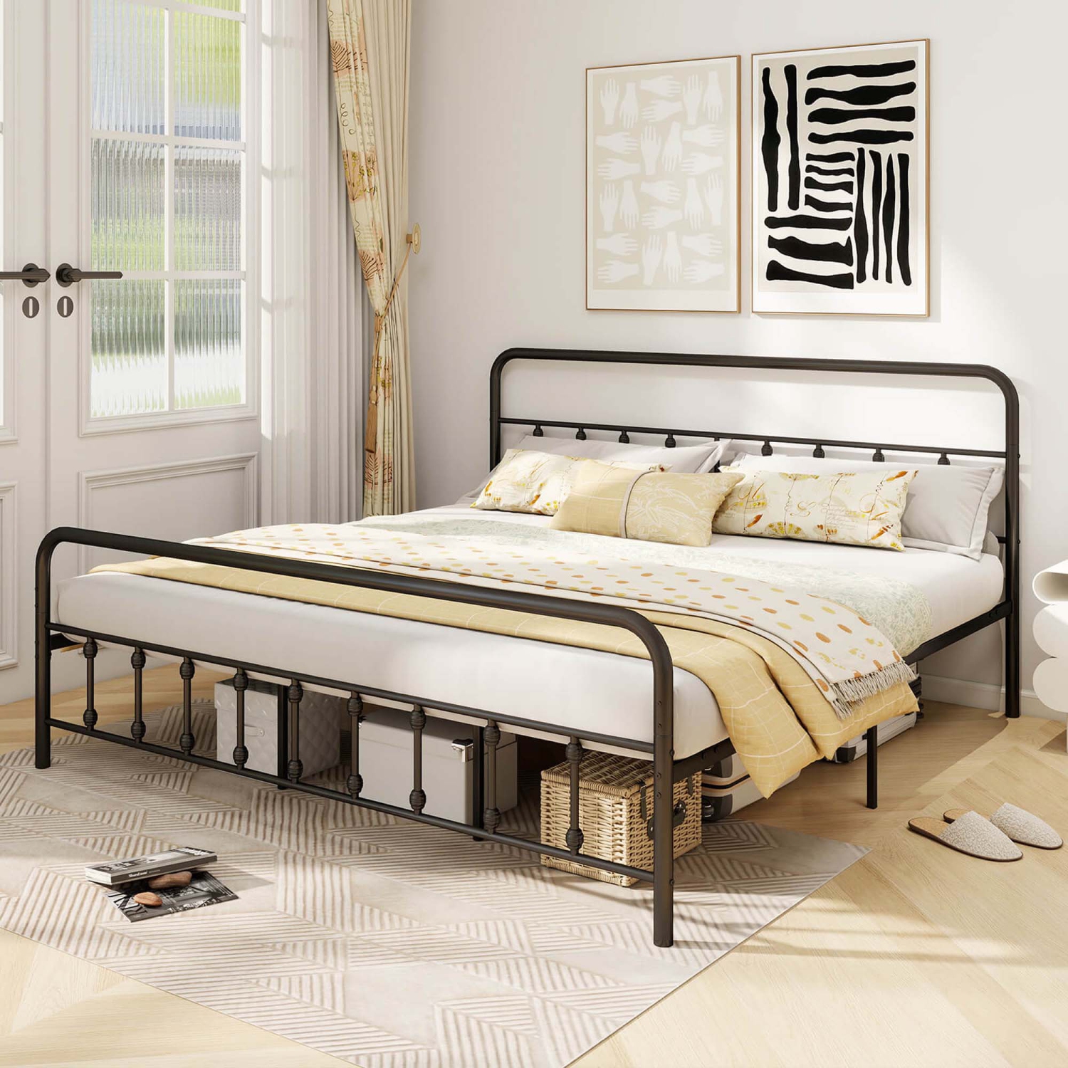 Costway Full/Queen/King Size Bed Frame with Headboard Under Bed Storage No Box Spring Needed Black