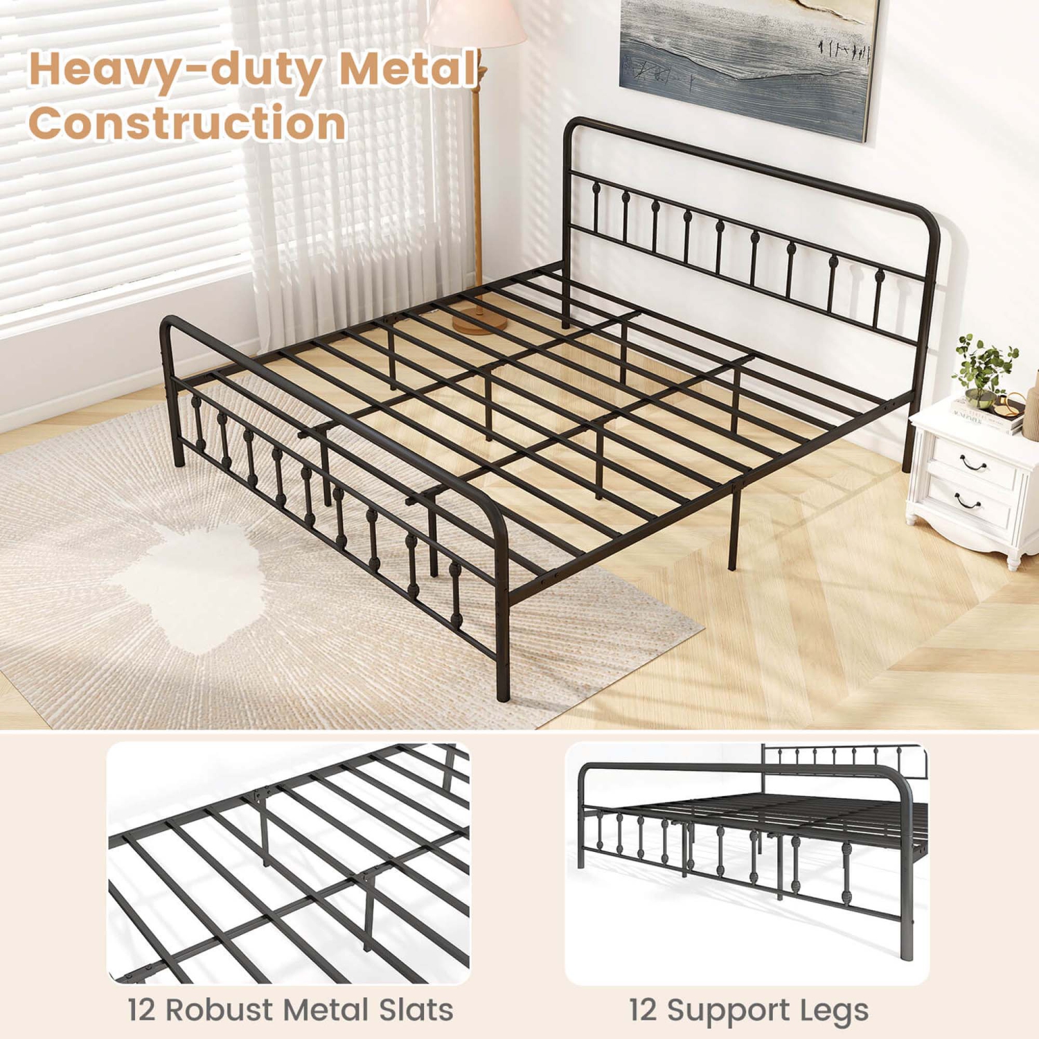 Costway Full/Queen/King Size Bed Frame with Headboard Under Bed Storage No Box Spring Needed Black