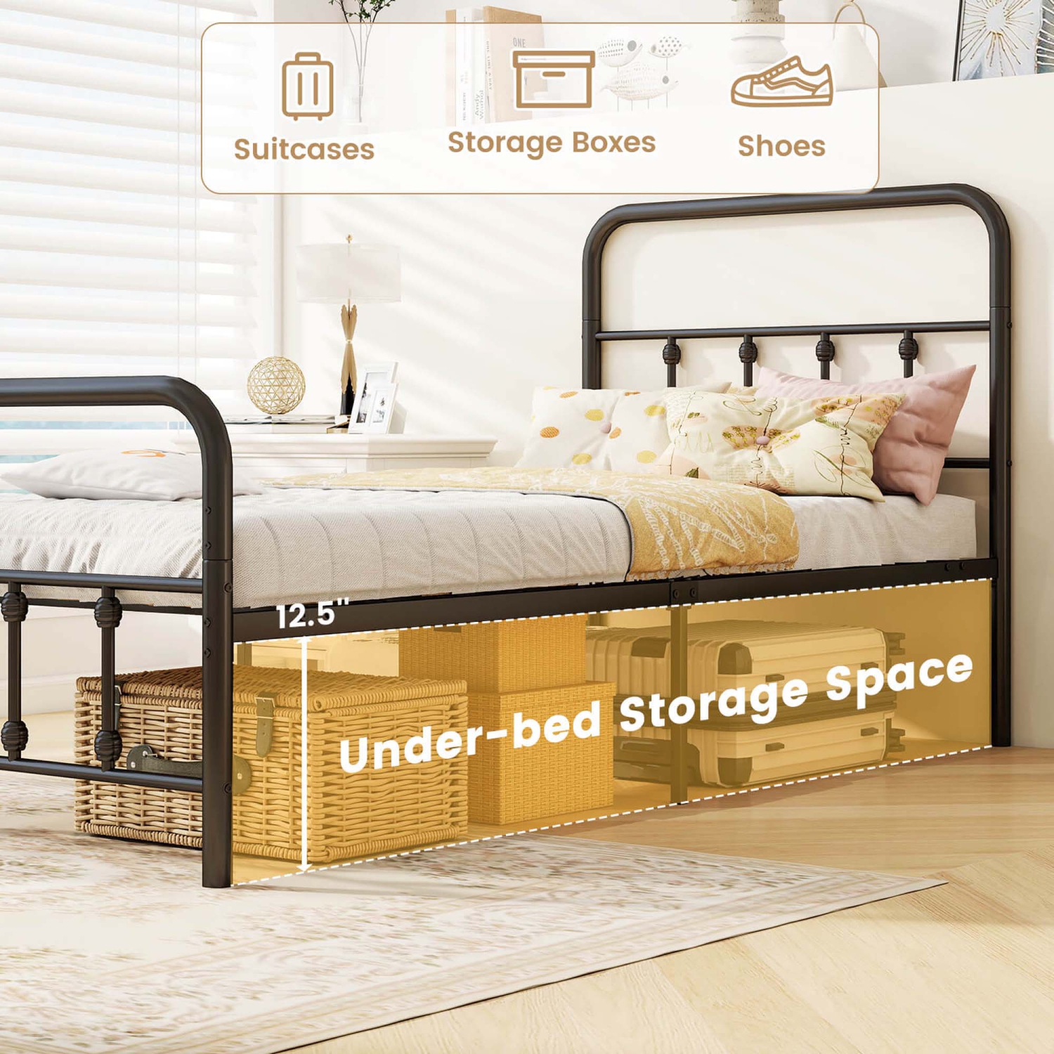 Cadre de lit double/grand/très grand lit avec tête de lit Rangement sous lit de Costway Aucun sommier requis Noir