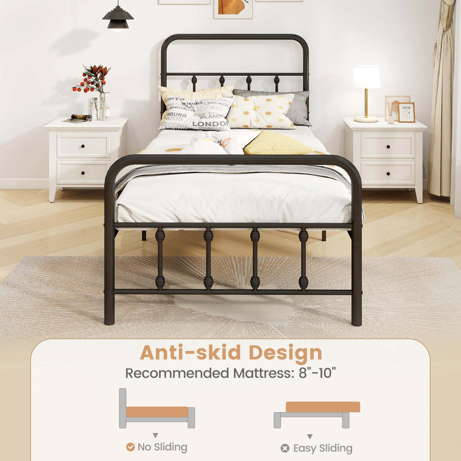 Cadre de lit double/grand/très grand lit avec tête de lit Rangement sous lit de Costway Aucun sommier requis Noir